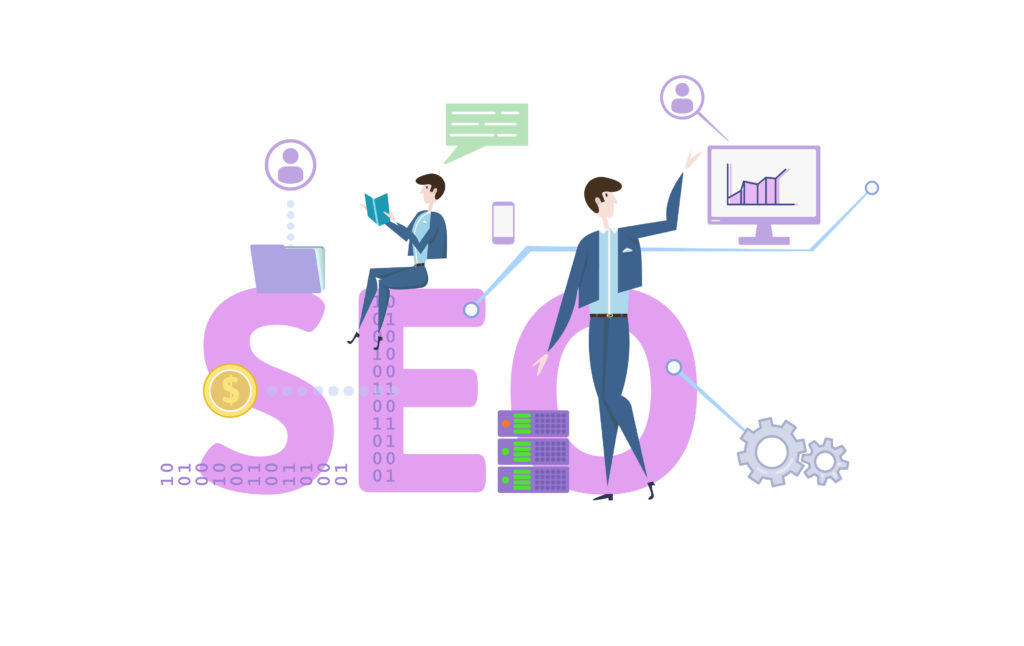 Cartoon graphic displaying the word SEO with digital marketing symbolism.