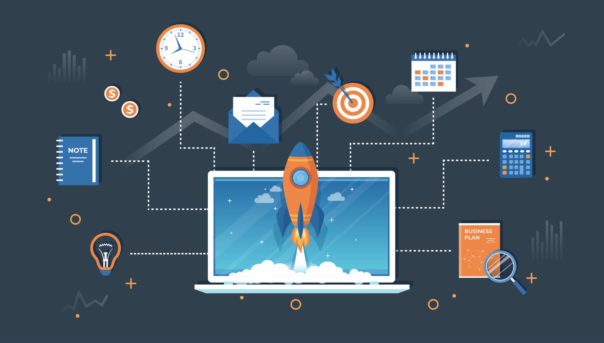 Cartoon of rocket launching from a laptop symbolizing website launch checklist.