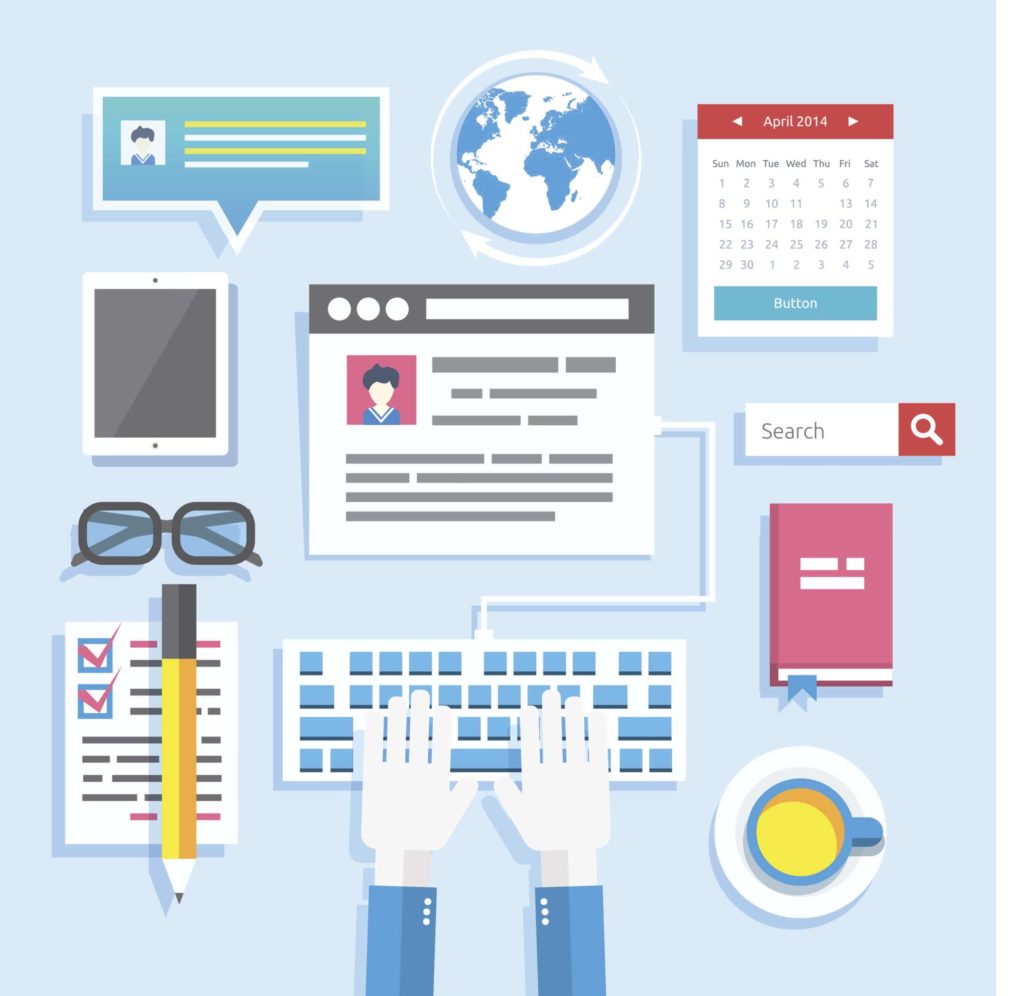 illustration of person writing a blog and using exterior resources.