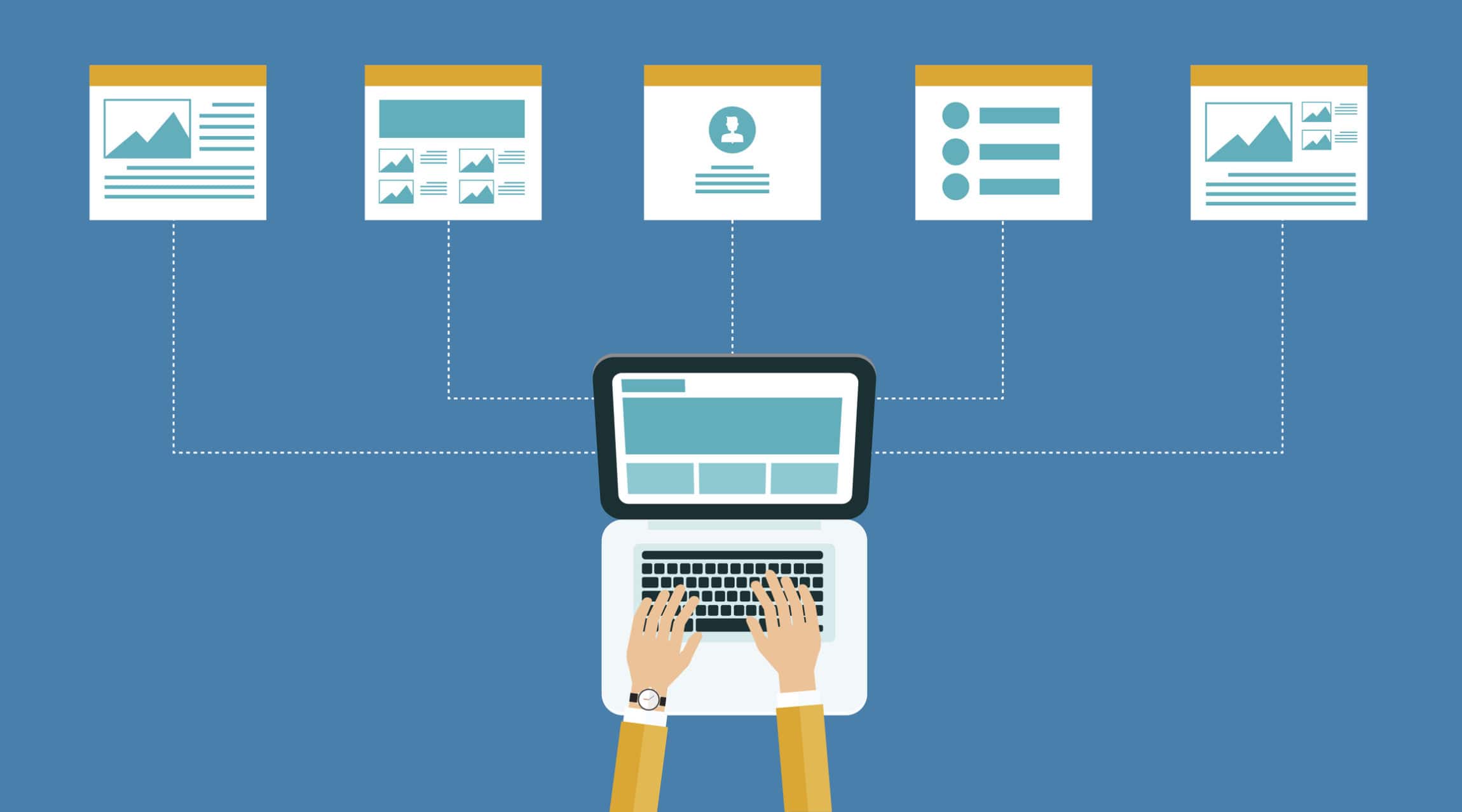 Illustration graphic of a person searching the web online and it leading them to different landing pages