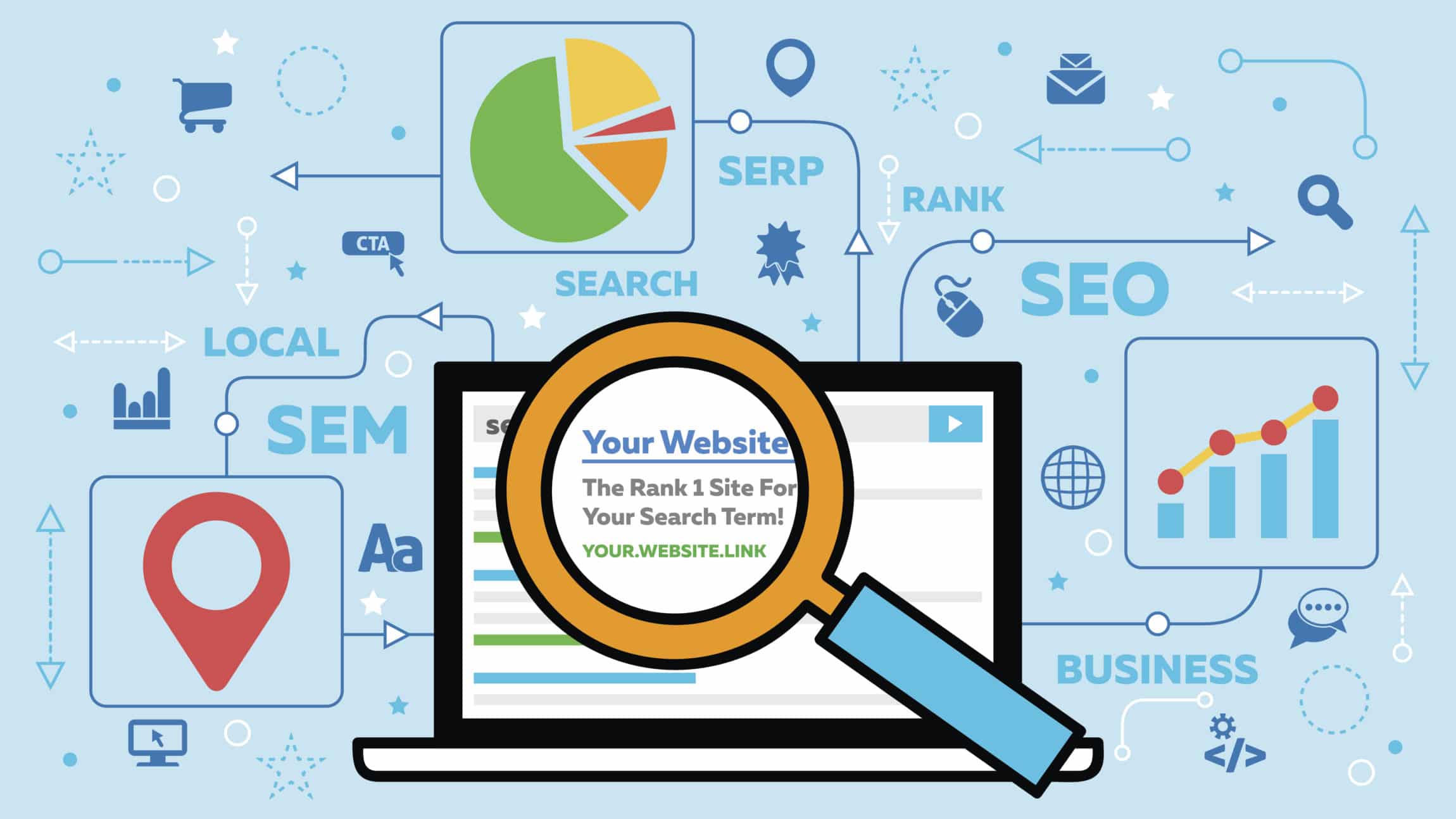 SEO cartoon graphic showing a magnifying glass over search results in Google.