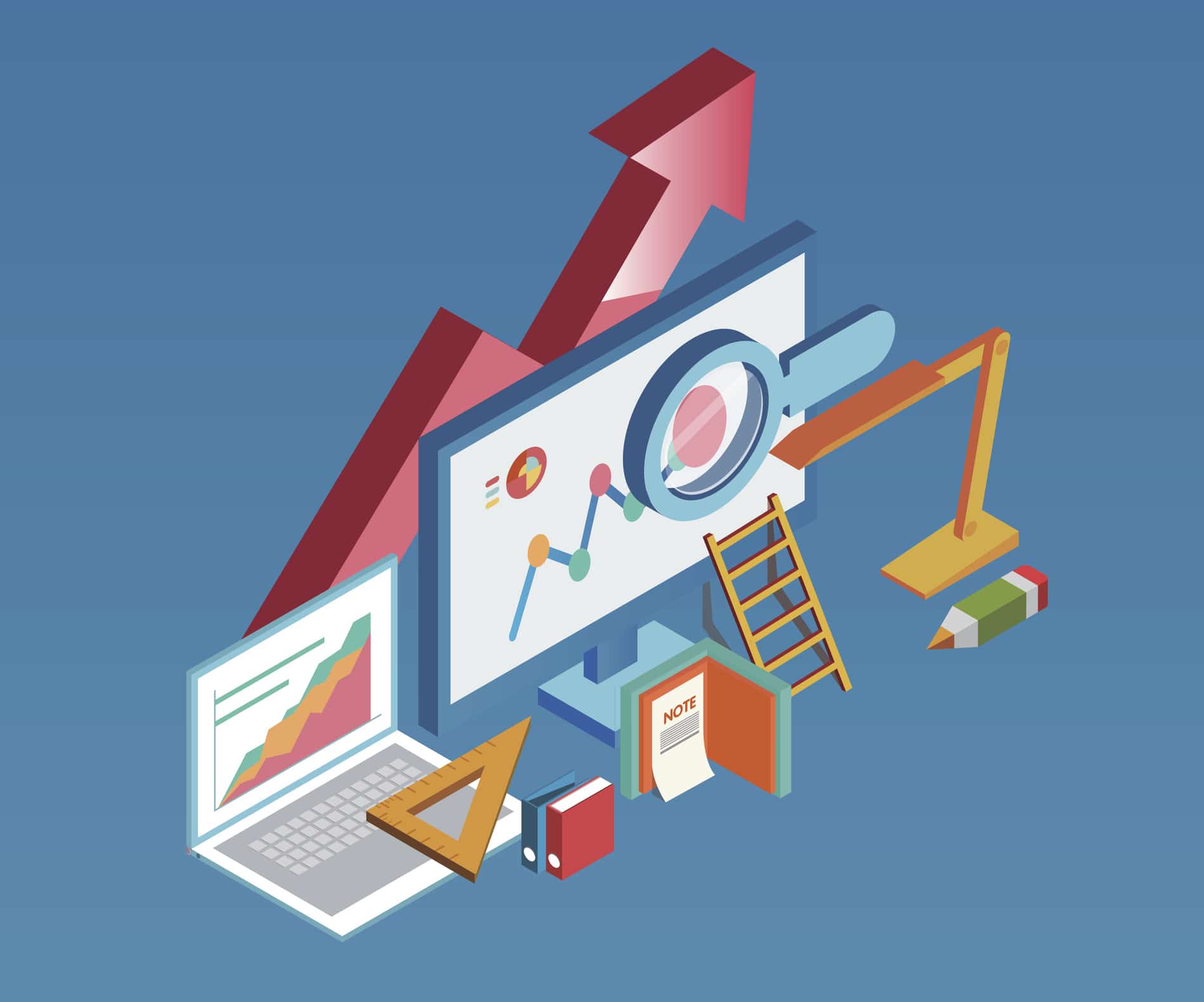 Graphic illustration showing laptop and computer screen with tools and metrics symbolizing key performance indicators.