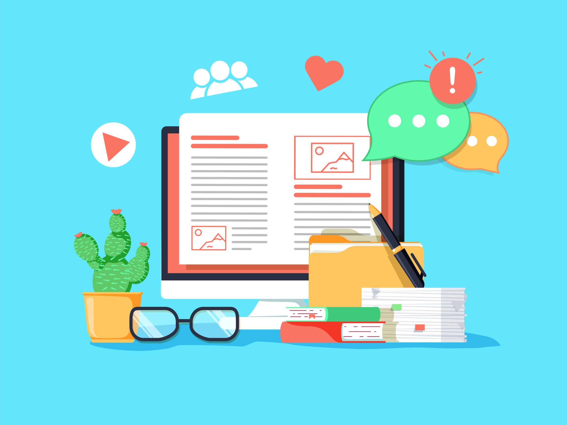 Illustration of blog up on a computer screen with other office tools on a desk.