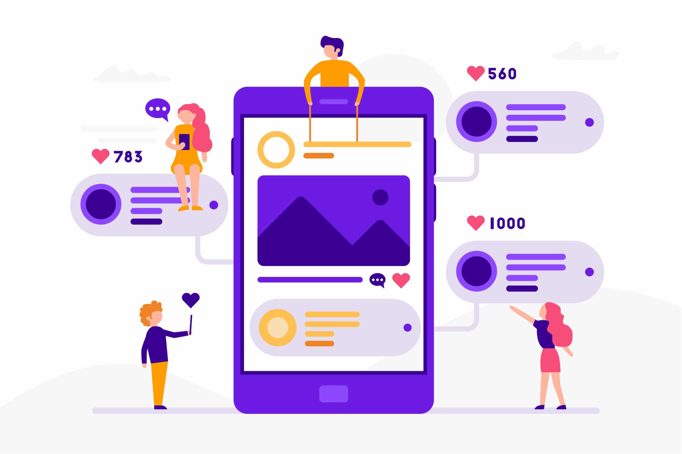 Social media concept banner with phone and small people around it having chat, mailing with likes and photos. Vector illustration in flat design with smartphone isolated on white background