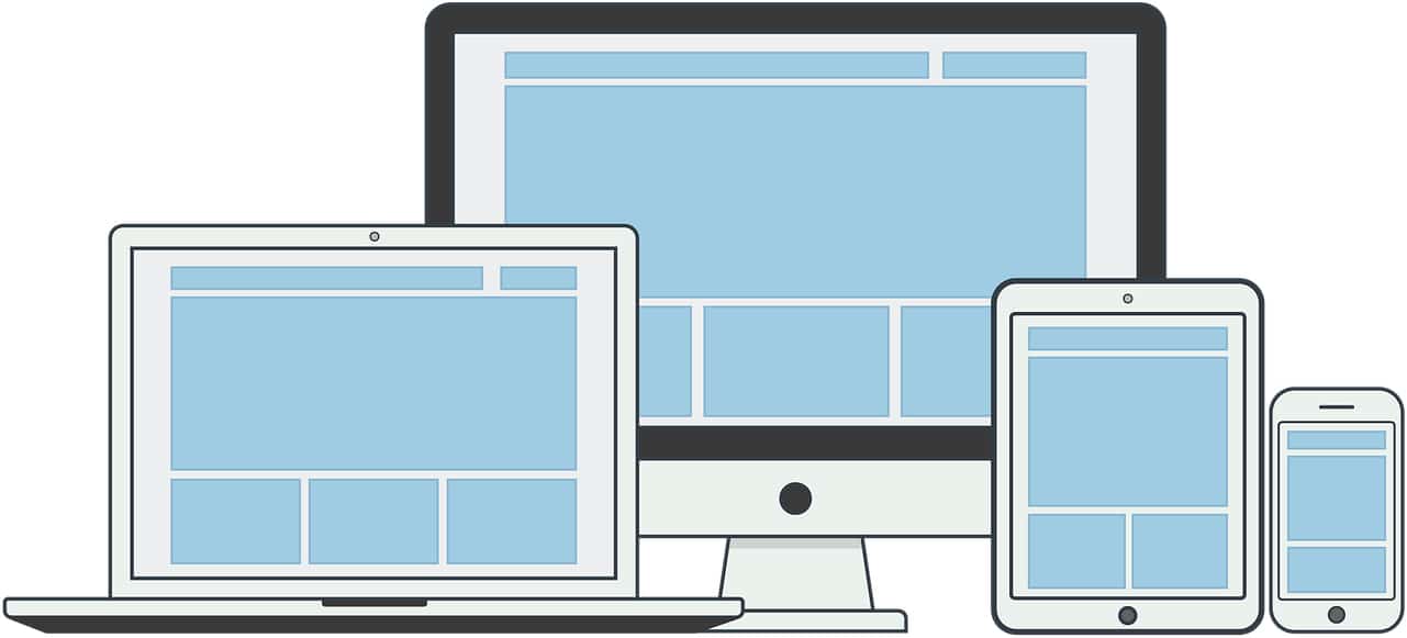 Cartoon graphic of various devices showing responsive web design attributes on each screen.